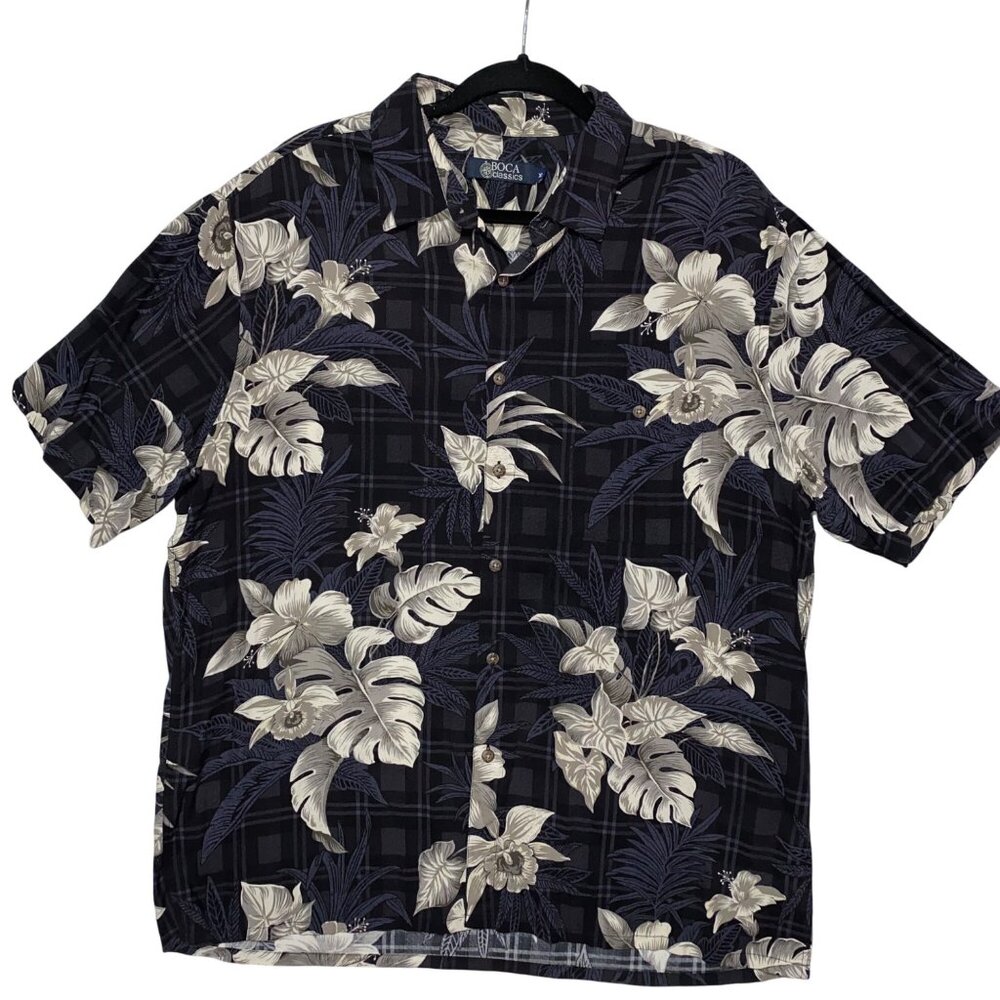 Boca Classics Hawaiian Shirt Men’s XL Black Beige Floral‎ Aloha Tropical Dadcore